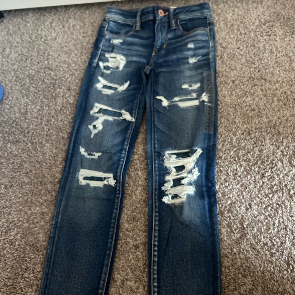 american eagle dark wash, skinny, distressed jeggings